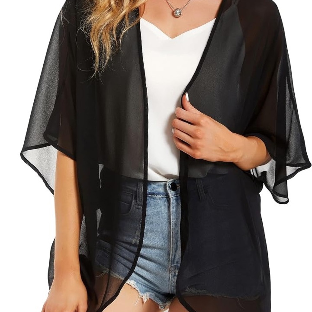 Black Sheer beach bathing suit coverup cover up Kimono Cardigan Med Xl 2XL